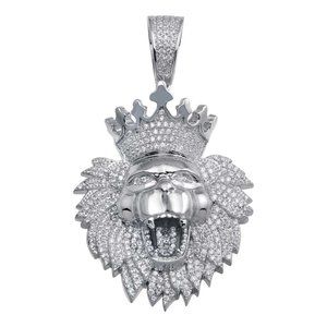 Sterling Silver 925 Rhodium Plated CZ Crowned Lion Hip Hop Pendant